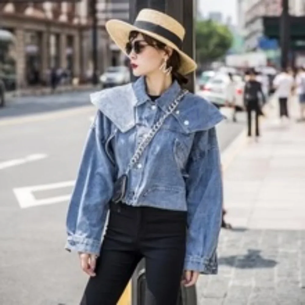 Bold Bib Collar Blue Jean Jacket – Trendy Cropped Cut - Picture 14 of 15